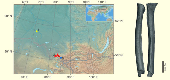 左图：西伯利亚地图与主要考古遗址：1- Ust