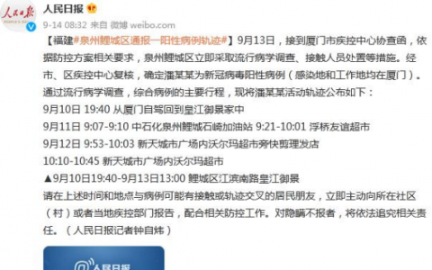 9月14日福建泉州鲤城区疫情最新消息公布   鲤城区通报一阳性病例轨迹：涉及超市、理发店等地